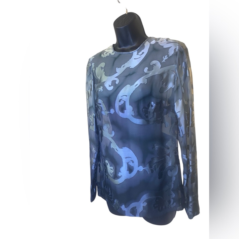 Patricia Rhodes SILK Tie Dye Ombré Blue Silver Burnout Chiffon Long Sleeve Top